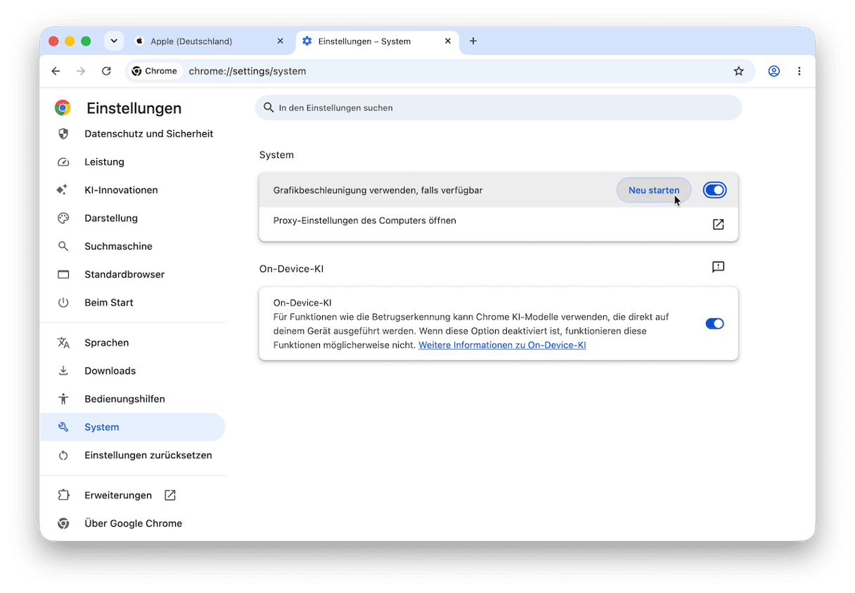 Chrome-Leistungseinstellungen pr&uuml;fen