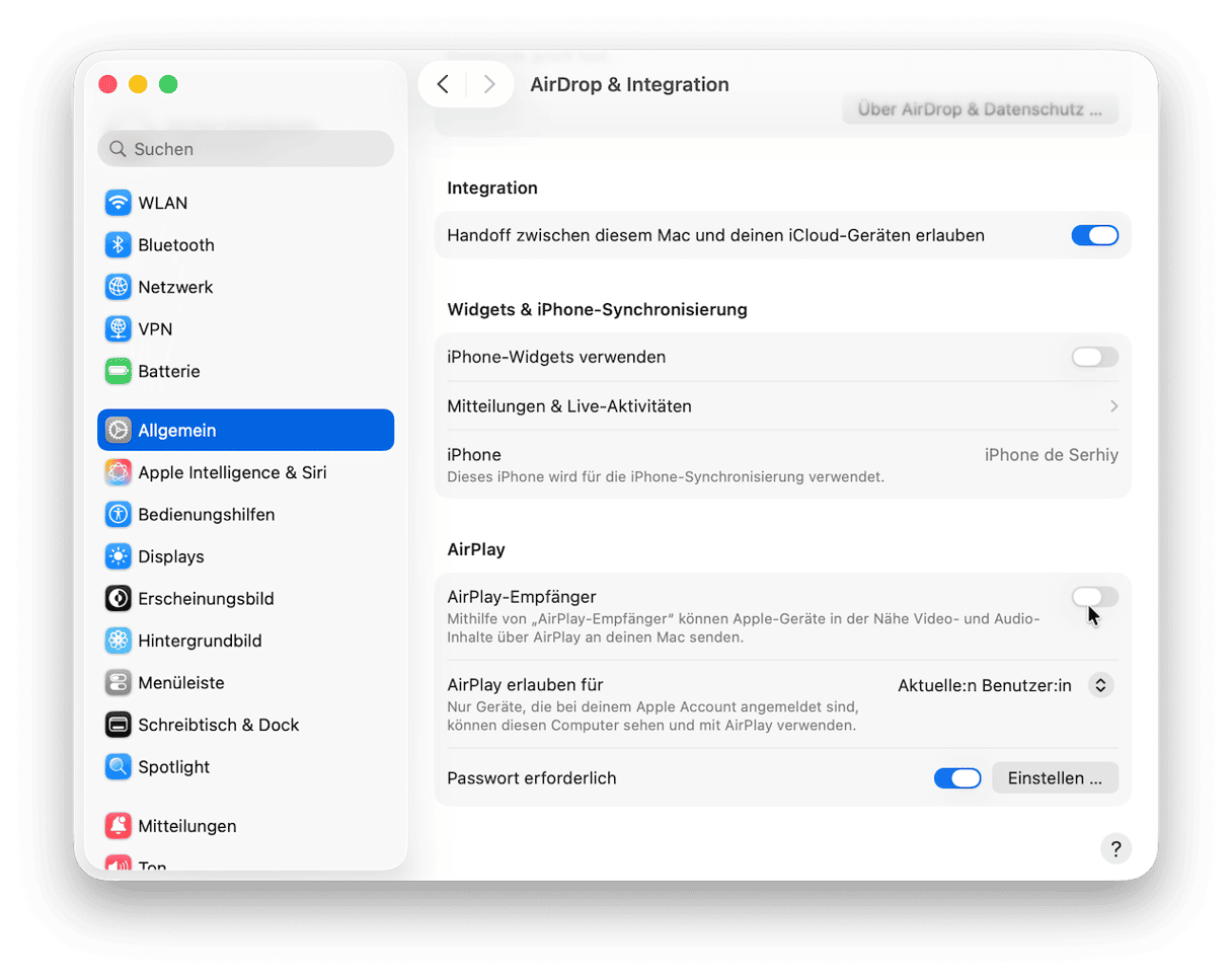 &bdquo;Allgemein&ldquo; > &bdquo;AirDrop & Handoff&ldquo;