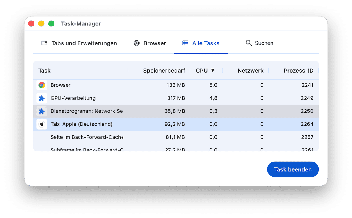 &bdquo;Weitere Tools&ldquo; > &bdquo;Taskmanager&ldquo;