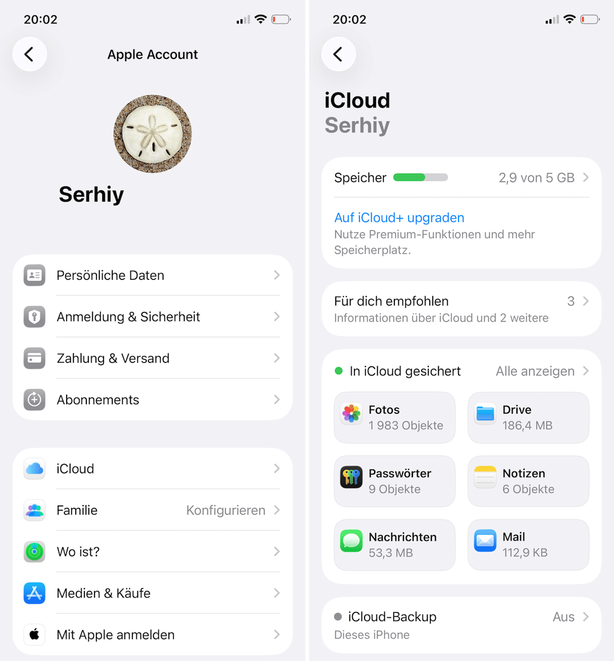 Tippe auf &bdquo;Account&ldquo; > &bdquo;iCloud&ldquo;