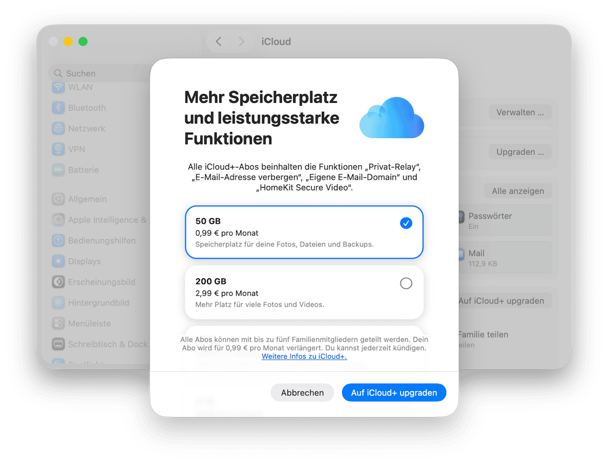 &bdquo;Einstellungen&ldquo; > &bdquo;Apple-ID&ldquo; > &bdquo;iCloud&ldquo; > &bdquo;Verwalten&ldquo; > &bdquo;Speicherplan &auml;ndern&ldquo;