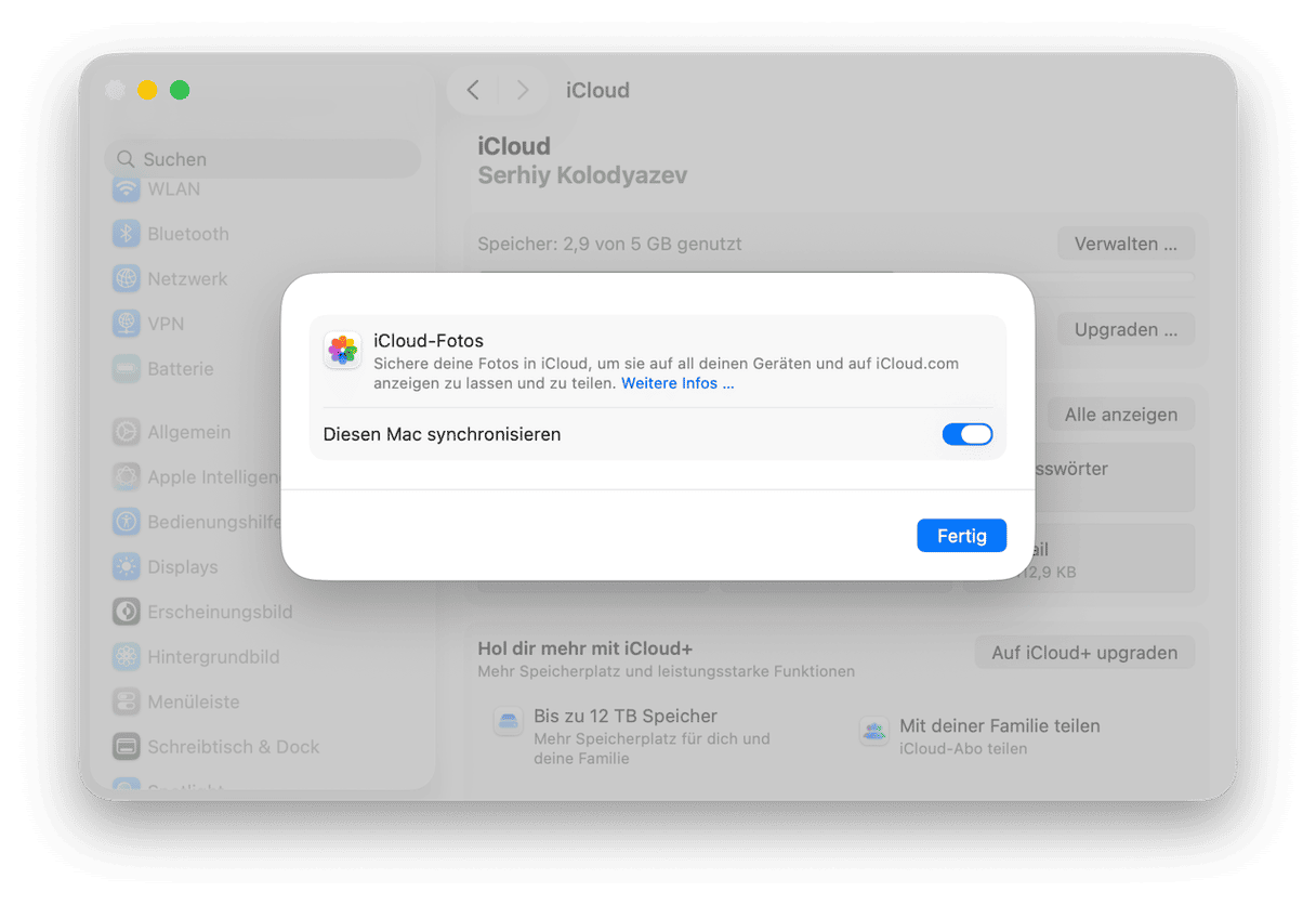 ystemeinstellungen > Apple Account > iCloud > Fotos und deaktiviere die Option &bdquo;Diesen Mac synchronisieren&ldquo;