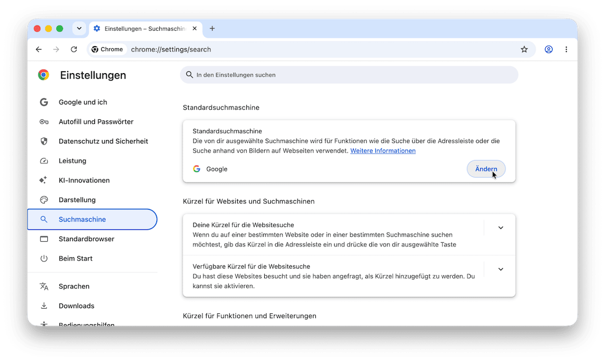 Wechseln Sie nun zum Tab &bdquo;Suchmaschine&ldquo; und w&auml;hlen Sie Ihre gew&uuml;nschte Suchmaschine aus