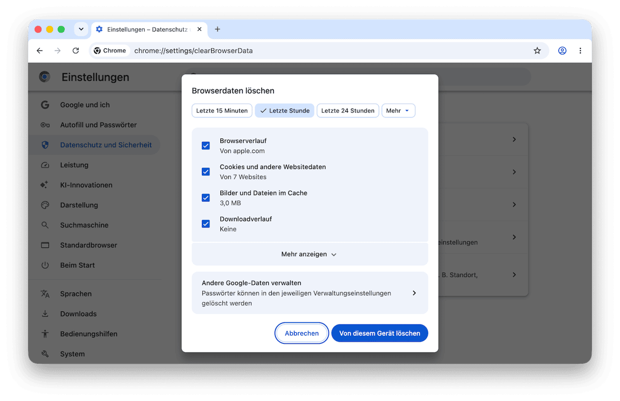 &Ouml;ffnen Sie abschlie&szlig;end die Systemeinstellungen > Datenschutz und Sicherheit > Browserdaten l&ouml;schen