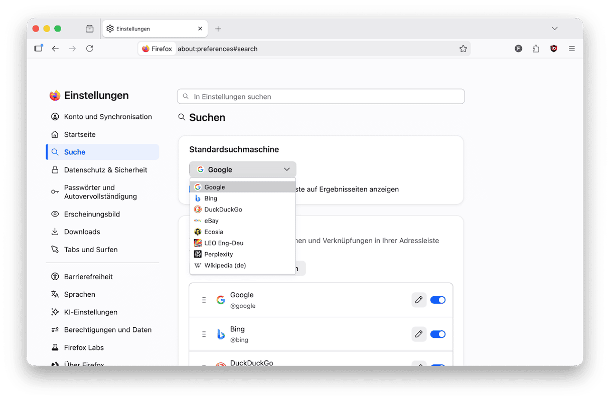 Gehen Sie nun zu &bdquo;Suche&ldquo; und w&auml;hlen Sie Ihre bevorzugte Suchmaschine aus