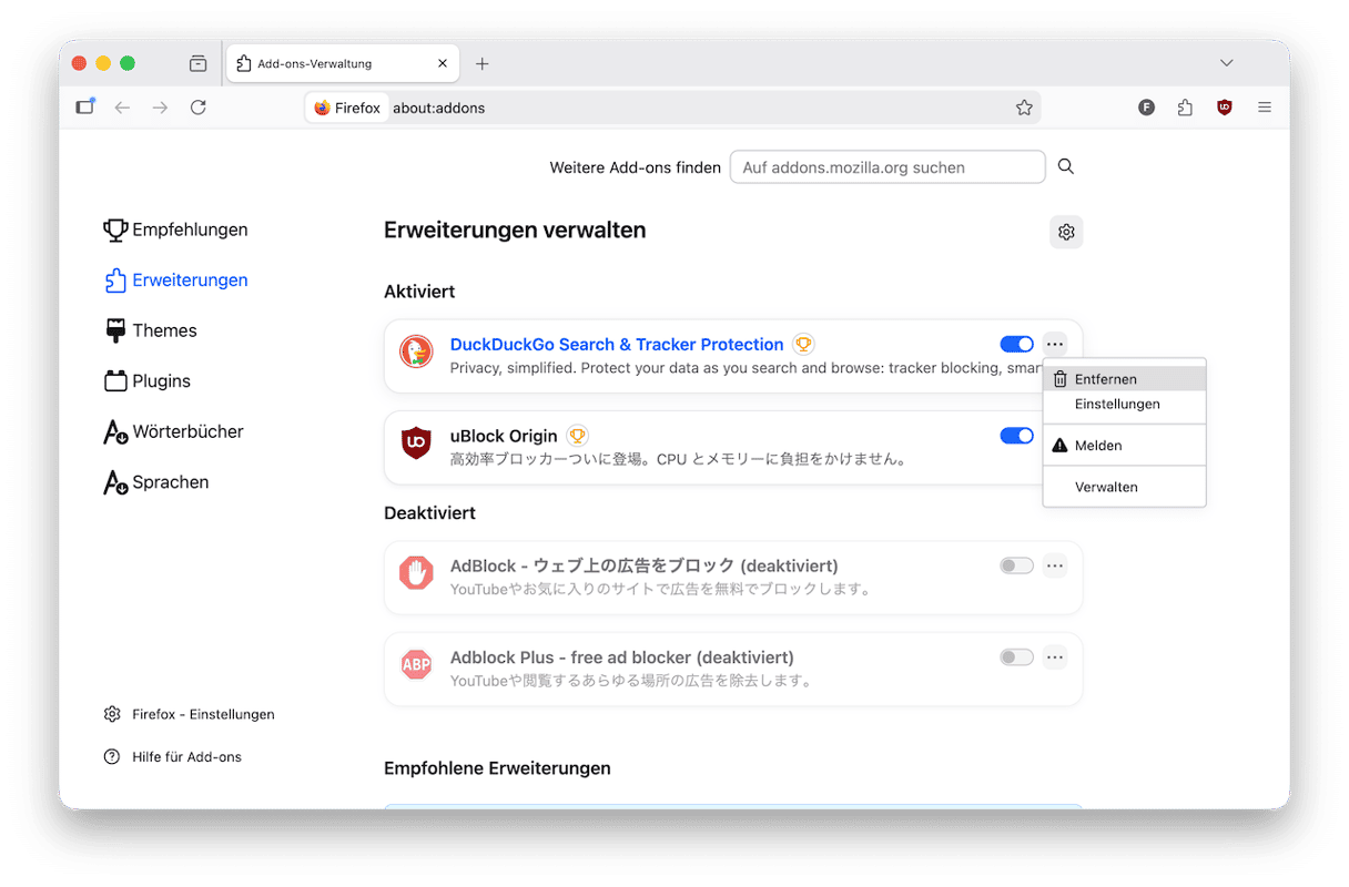 Bing-Weiterleitung aus Firefox-Erweiterungen l&ouml;schen