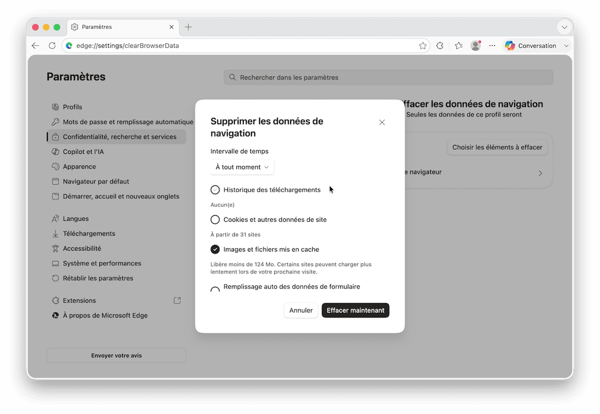 Cliquez sur Choisir les &eacute;l&eacute;ments &agrave; effacer
