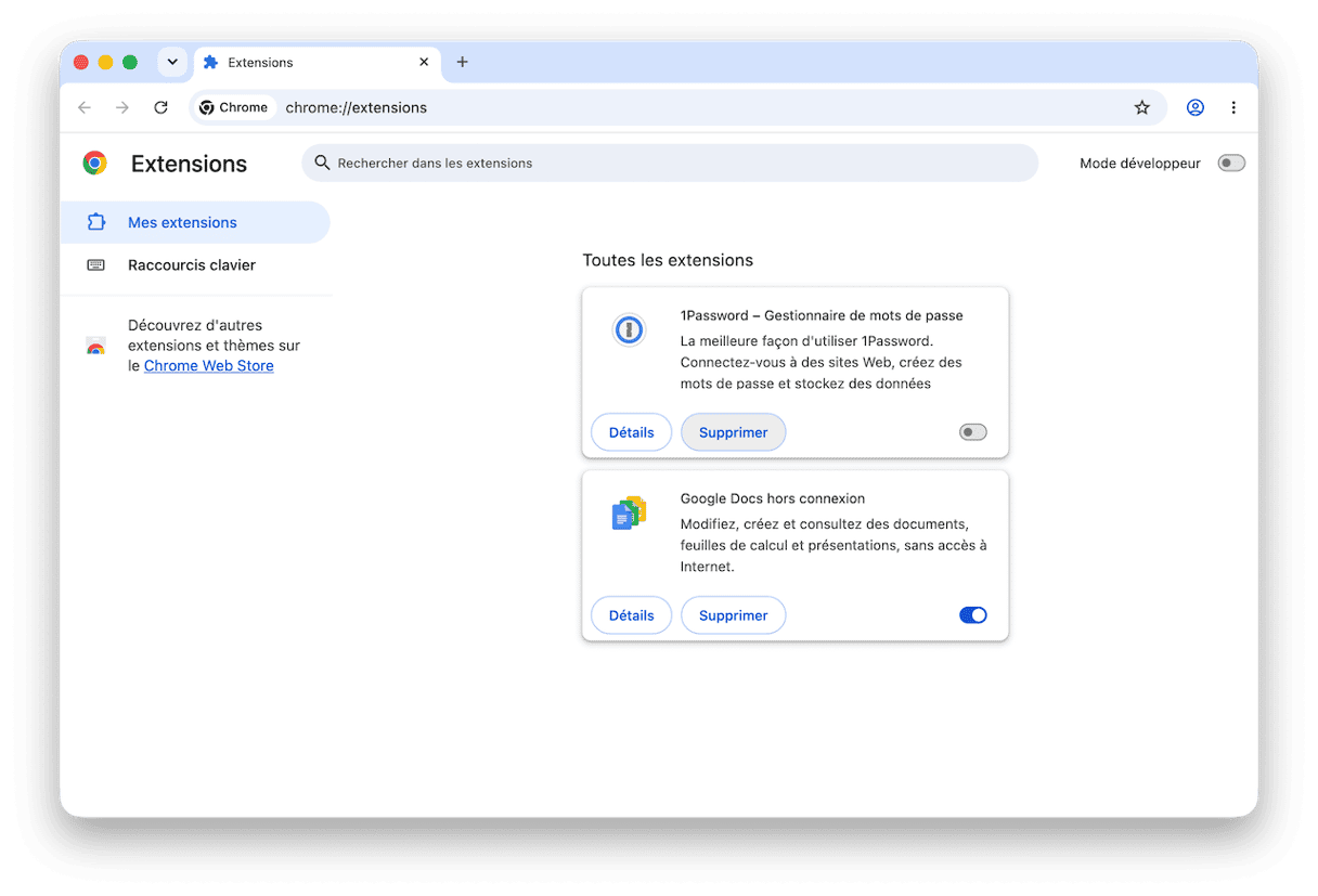 Tapez chrome://extensions dans la barre d'adresse et appuyez sur Entr&eacute;e