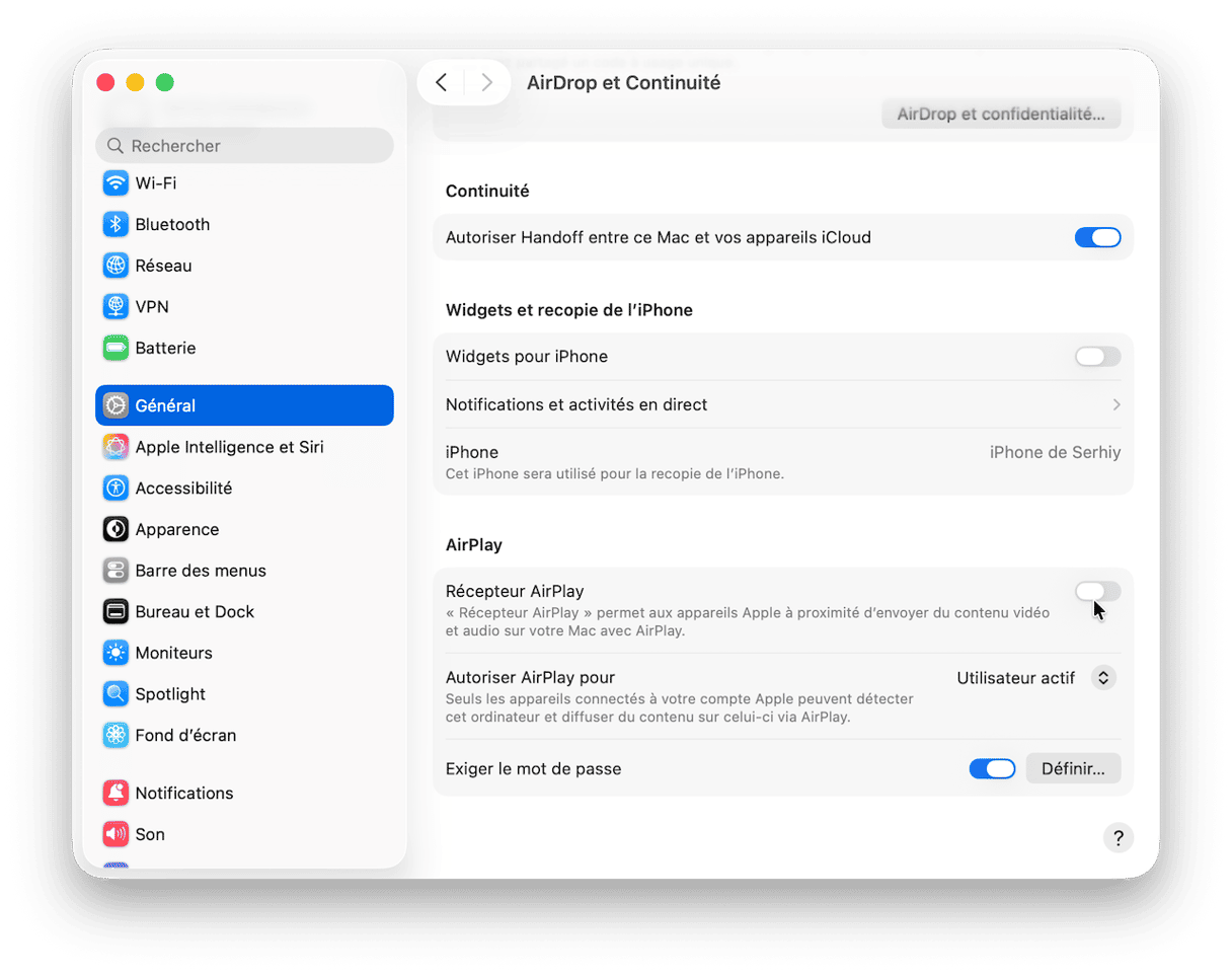 G&eacute;n&eacute;ral > AirDrop et Handoff