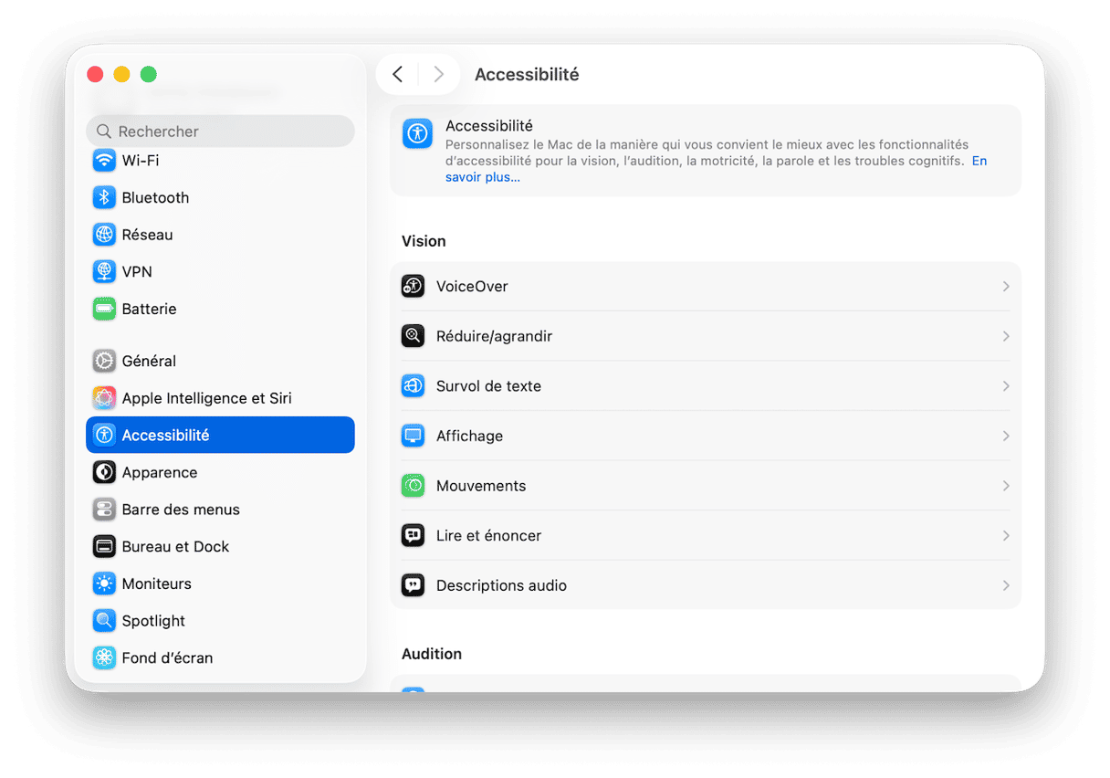 V&eacute;rifiez les param&egrave;tres d'Accessibilit&eacute;
