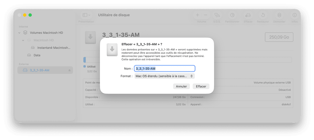 Le disque sera effac&eacute;, reformat&eacute;, et une fois l'op&eacute;ration termin&eacute;e, votre Mac pourra &eacute;crire dessus