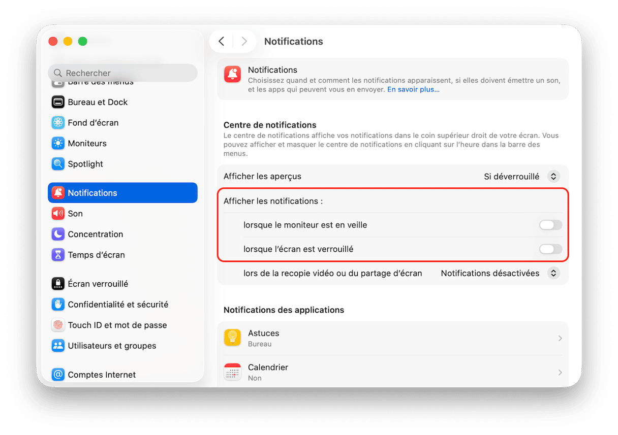 D&eacute;sactivez les notifications pendant que votre Mac est en veille