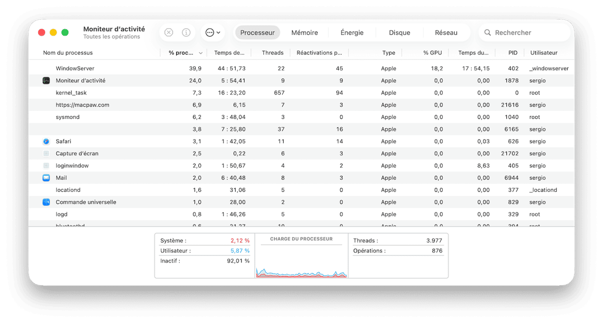 Ouvrez le Moniteur d'activit&eacute; (Finder > Applications > Utilitaires)