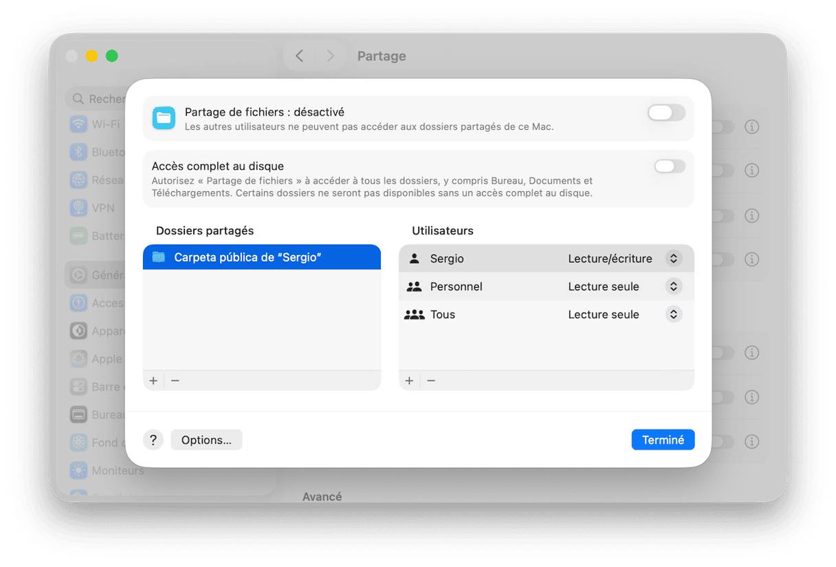 Rendez-vous dans R&eacute;glages Syst&egrave;me > G&eacute;n&eacute;ral > Partage
