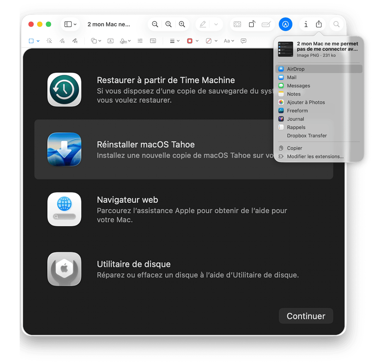 Ouvrez l'&eacute;l&eacute;ment que vous souhaitez partager, cliquez sur l'ic&ocirc;ne Partager dans la barre d'outils, puis choisissez AirDrop et s&eacute;lectionnez l'appareil sur lequel vous voulez l'envoyer