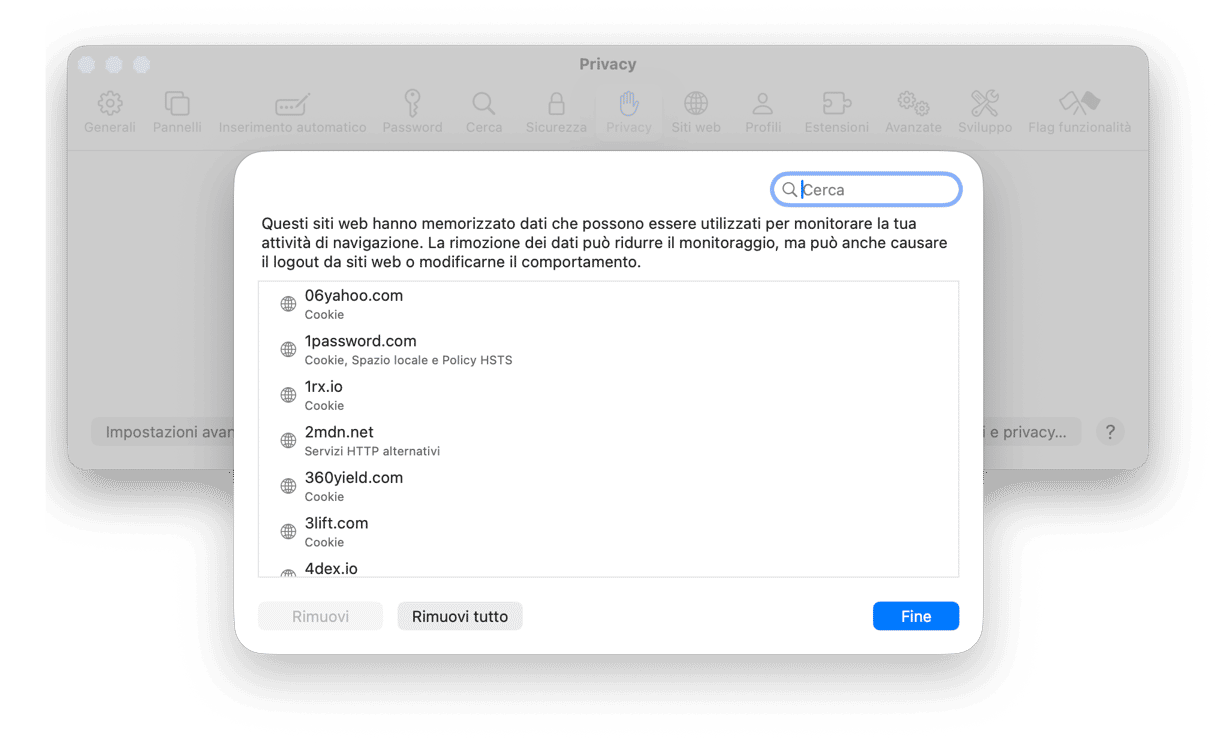 elimina i cookie di Safari