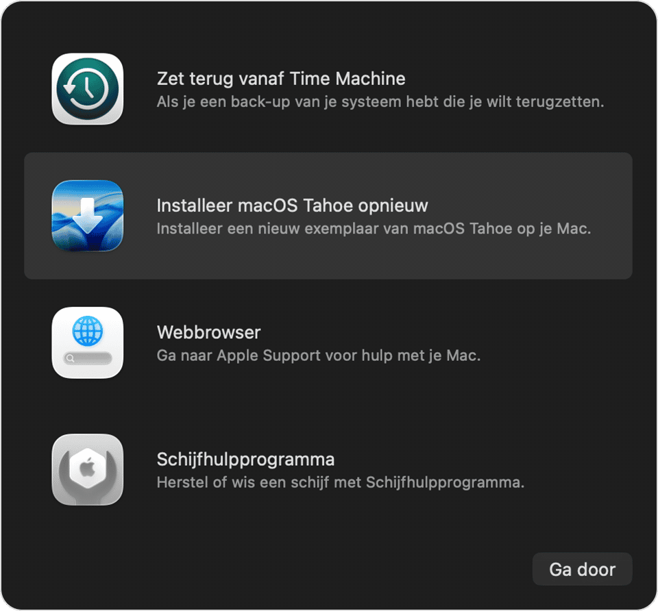Start weer op in de herstelmodus en klik op 'Installeer macOS opnieuw' in de lijst met hulpprogramma's