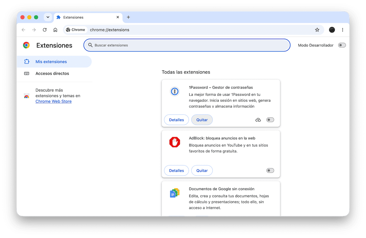 Escribe o pega chrome://extensions/ en la barra de direcciones y presiona Intro