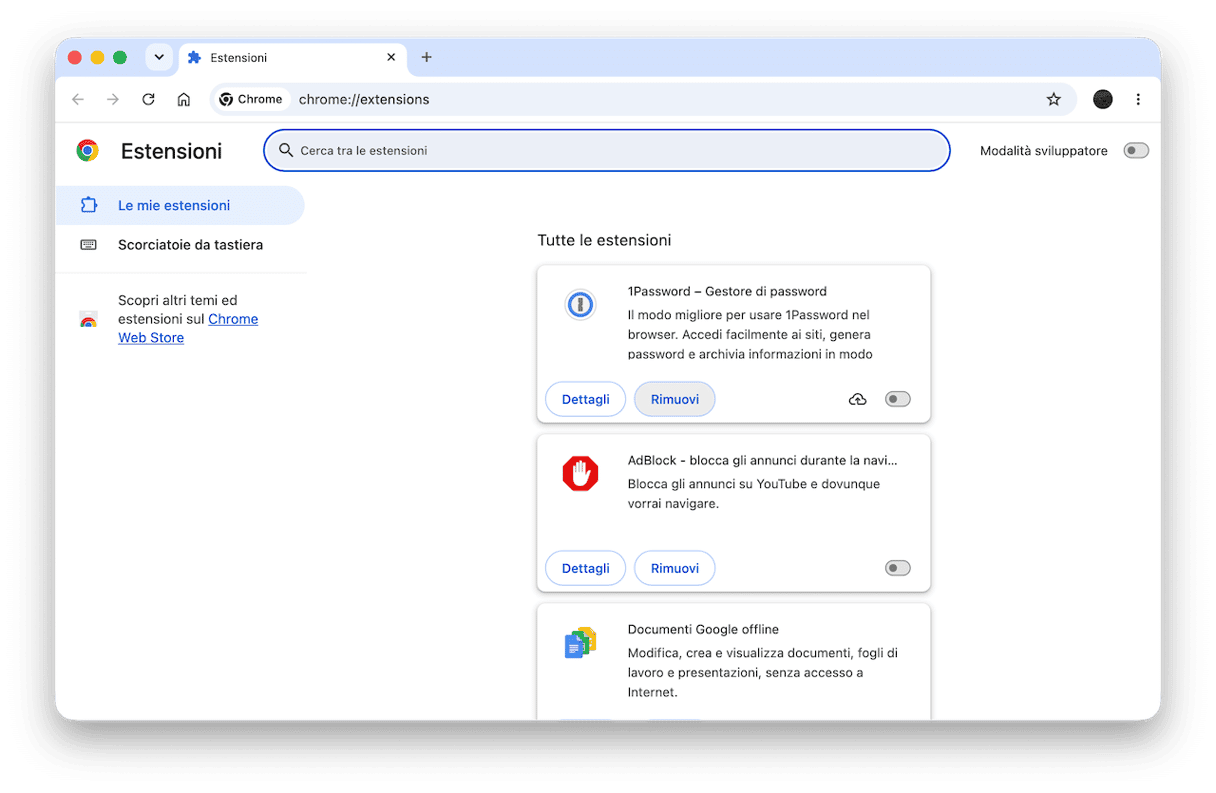 Digita chrome://extensions nella barra degli indirizzi e premi Invio