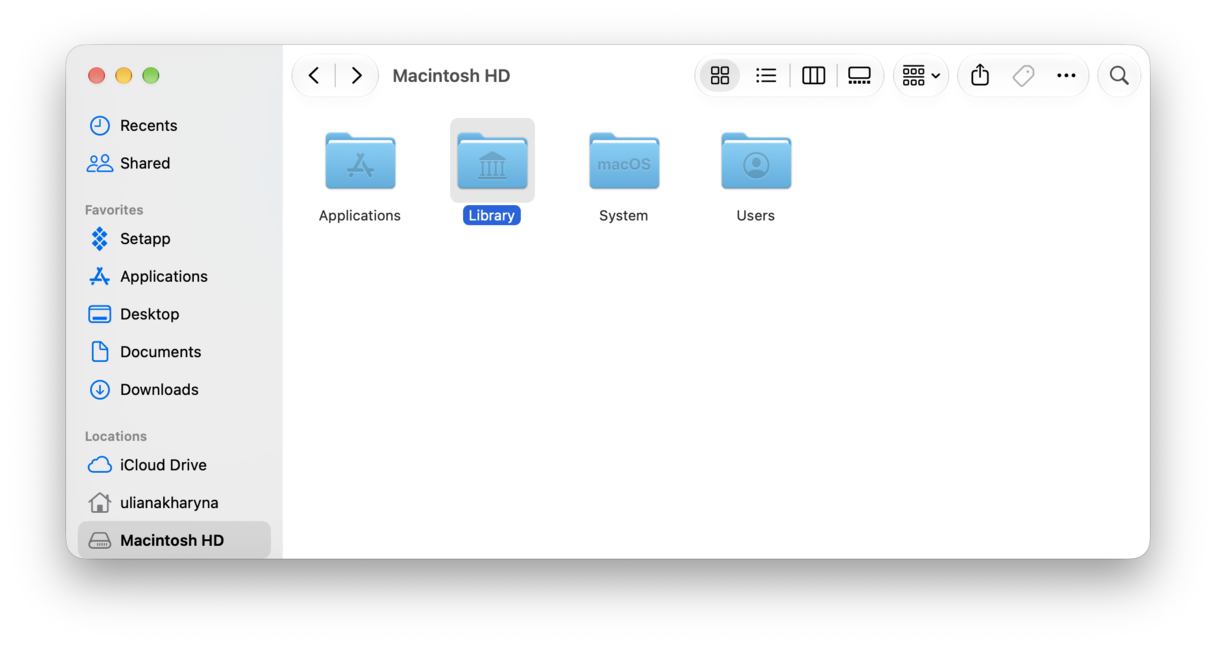 Library folder selected in Macintosh HD
