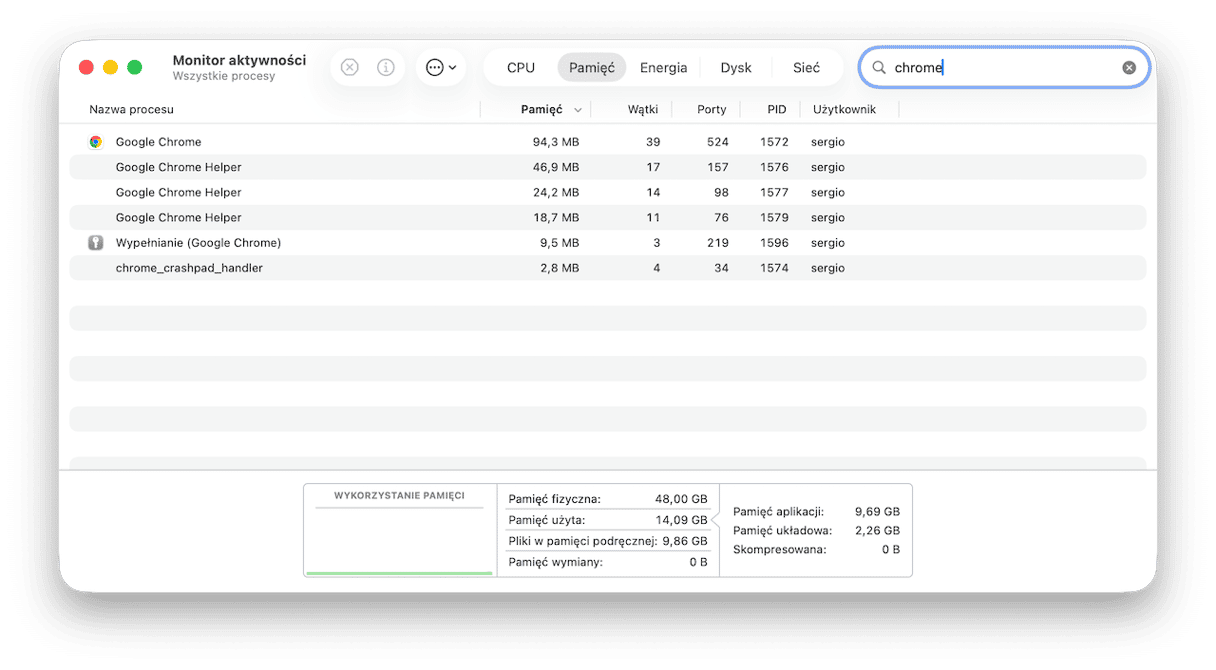 Dopasuj Menedżera zadań Chrome