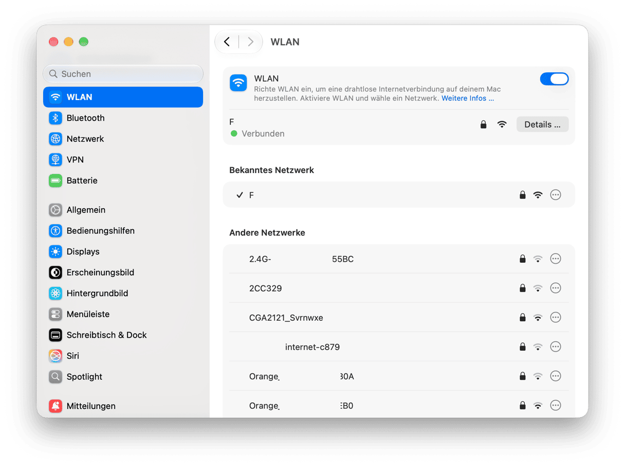 macOS WLAN-Einstellungen mit aktiver Netzwerkverbindung und Liste verf&uuml;gbarer Netzwerke in der N&auml;he