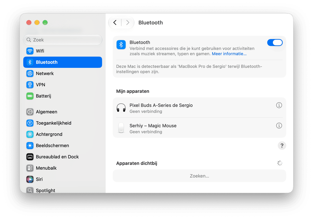 macOS Bluetooth-instellingen met lijst van verbonden apparaten