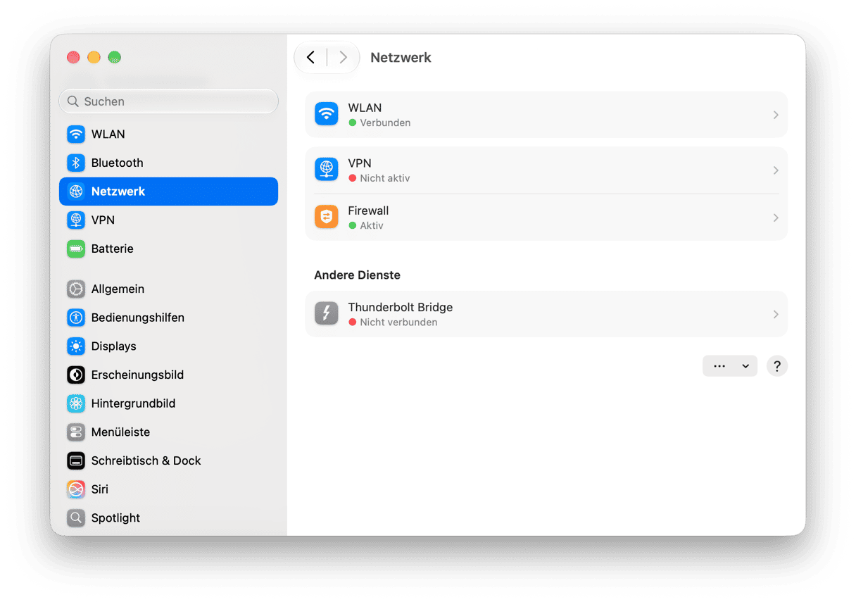 macOS Netzwerkeinstellungen mit WLAN-, VPN-, Firewall-Status und anderen Netzwerkdiensten