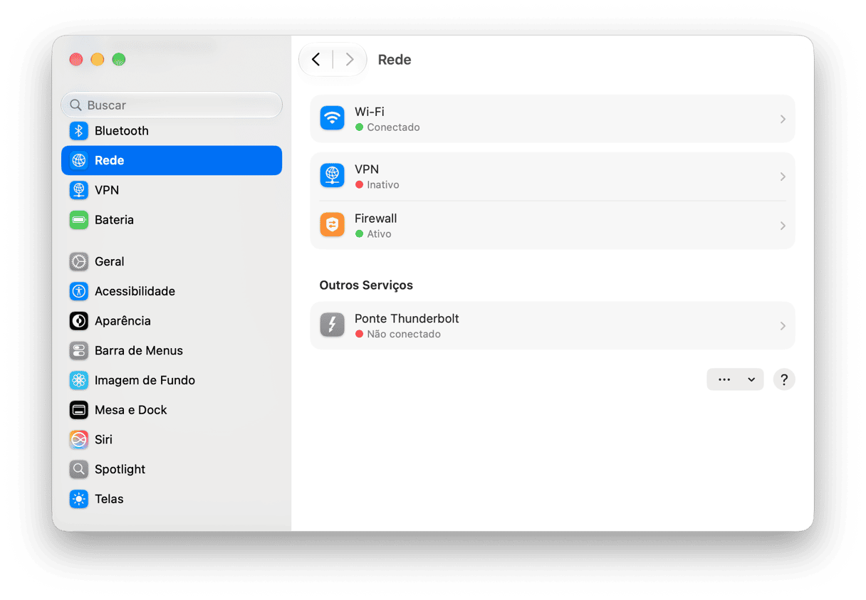sistema Prefer&ecirc;ncias - Configura&ccedil;&otilde;es de rede do macOS exibindo status de Wi-Fi, VPN, Firewall e outros servi&ccedil;os de rede