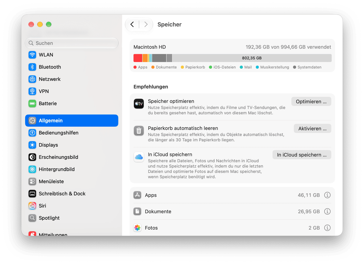 macOS Speichereinstellungen mit Macintosh HD-Nutzungsaufschl&uuml;sselung und Speicheroptimierungsempfehlungen