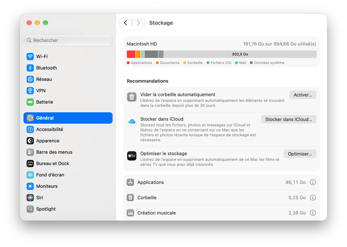 Reglages du systeme - Param&egrave;tres de stockage macOS affichant la r&eacute;partition d'utilisation de Macintosh HD et les recommandations d'optimisation