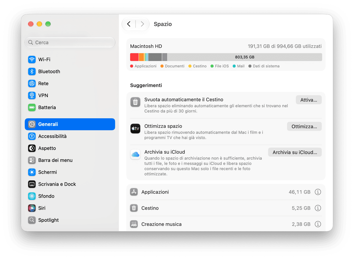 Preferenze di Sistema - Impostazioni archiviazione macOS con suddivisione utilizzo Macintosh HD e suggerimenti di ottimizzazione
