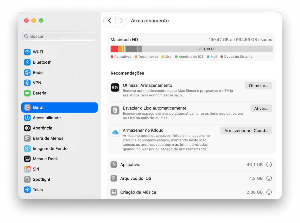 sistema Prefer&ecirc;ncias - Configura&ccedil;&otilde;es de armazenamento do macOS com detalhamento do uso do Macintosh HD e recomenda&ccedil;&otilde;es de otimiza&ccedil;&atilde;o