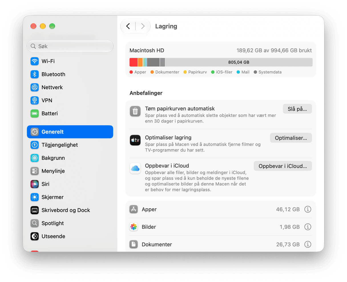 System Preferences - macOS Storage settings showing Macintosh HD usage breakdown and storage optimization recommendations
