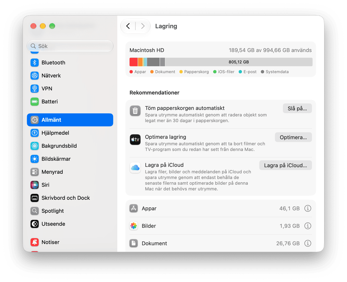systemet Inst&auml;llningar - macOS lagringsinst&auml;llningar med Macintosh HD-anv&auml;ndningsf&ouml;rdelning och lagringsoptimeringsrekommendationer