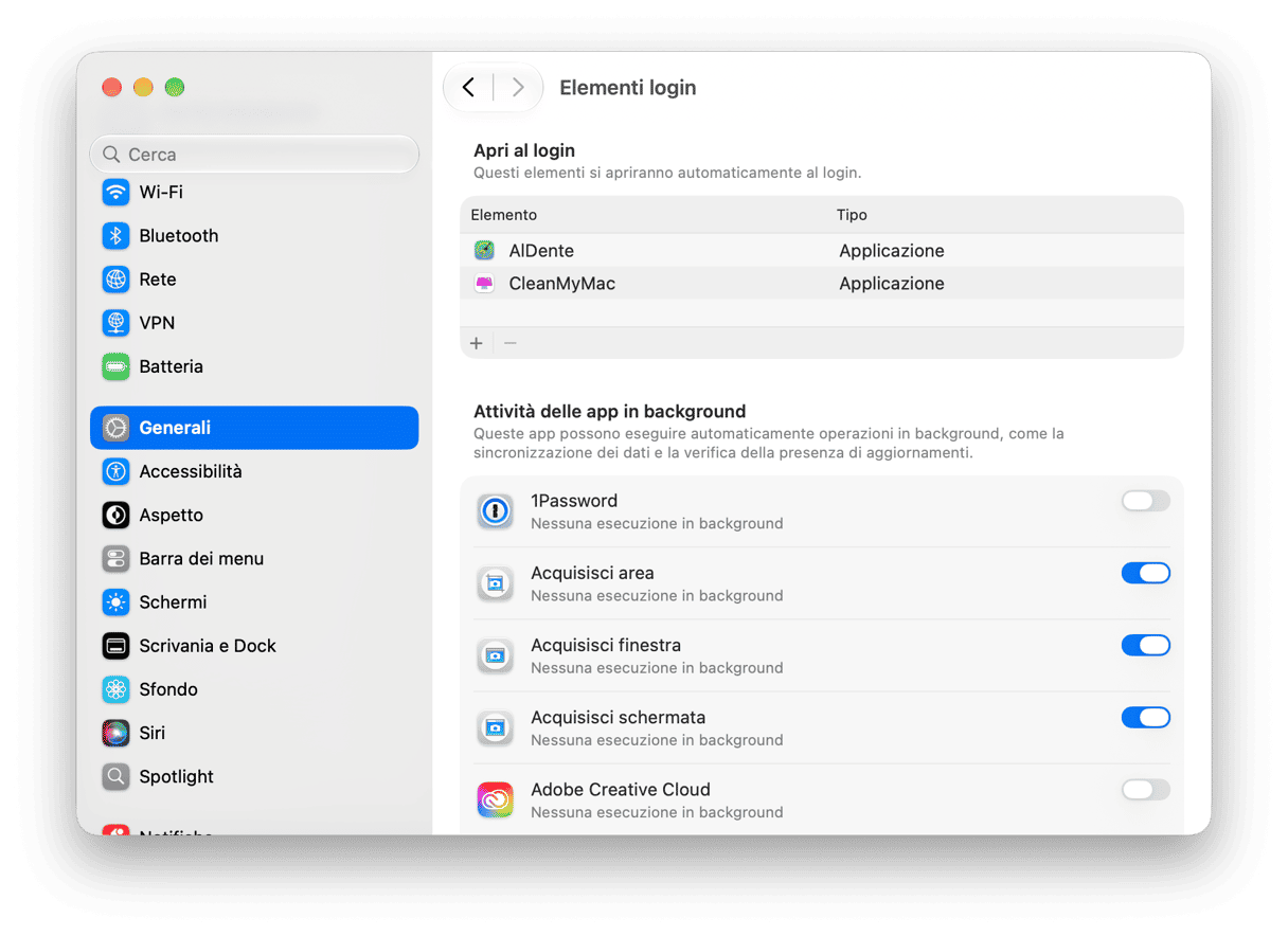 - Impostazioni Elementi di accesso ed estensioni macOS con app di avvio e autorizzazioni attivit&agrave; in backgroundElementi di Login