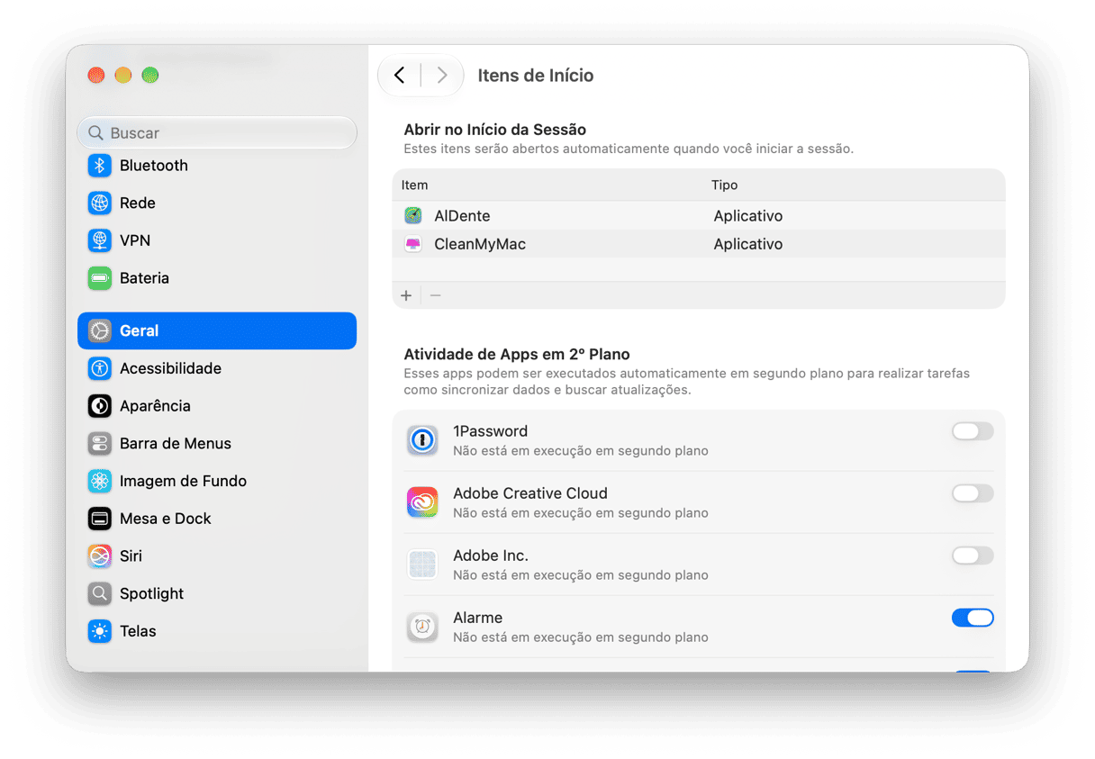 sistema Prefer&ecirc;ncias - Configura&ccedil;&otilde;es de itens de login e extens&otilde;es do macOS com apps de inicializa&ccedil;&atilde;o e permiss&otilde;es de atividade em segundo plano