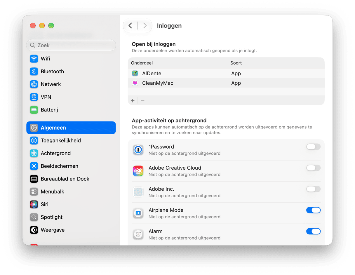 systeem Voorkeuren - macOS inlogonderdelen en extensies-instellingen met opstart-apps en achtergrondactiviteitsmachtigingen