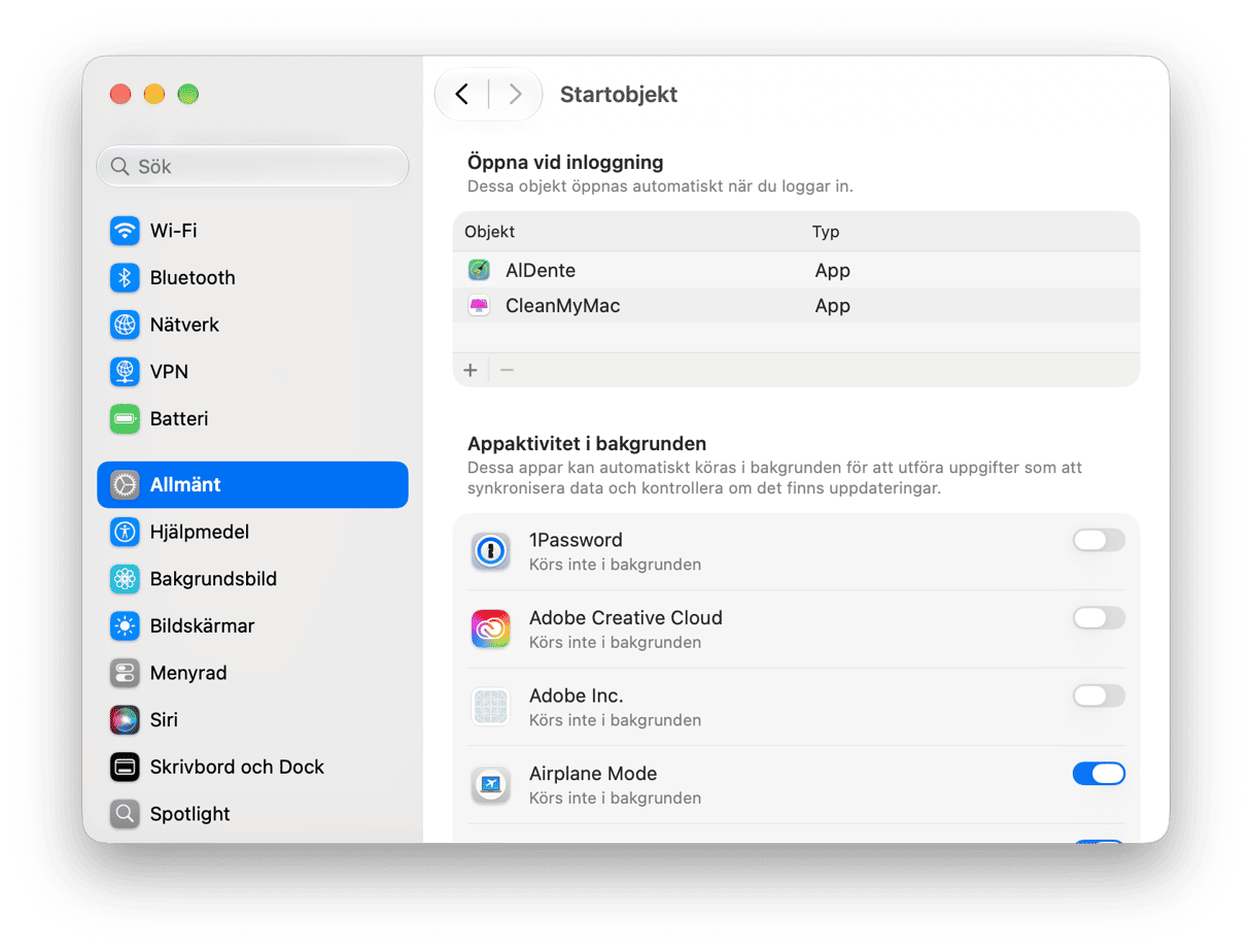 systemet Inst&auml;llningar - macOS inloggningsobjekt och till&auml;gg-inst&auml;llningar med startappar och bakgrundsaktivitetsbeh&ouml;righeter