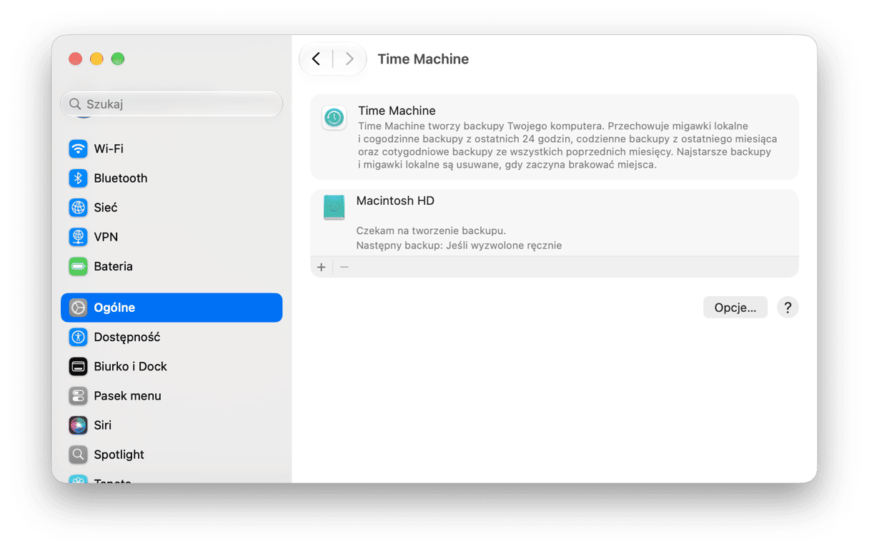 Ustawienia systemowe - Ustawienia Time Machine macOS ze stanem dysku kopii zapasowej i konfiguracją zaplanowanych kopii