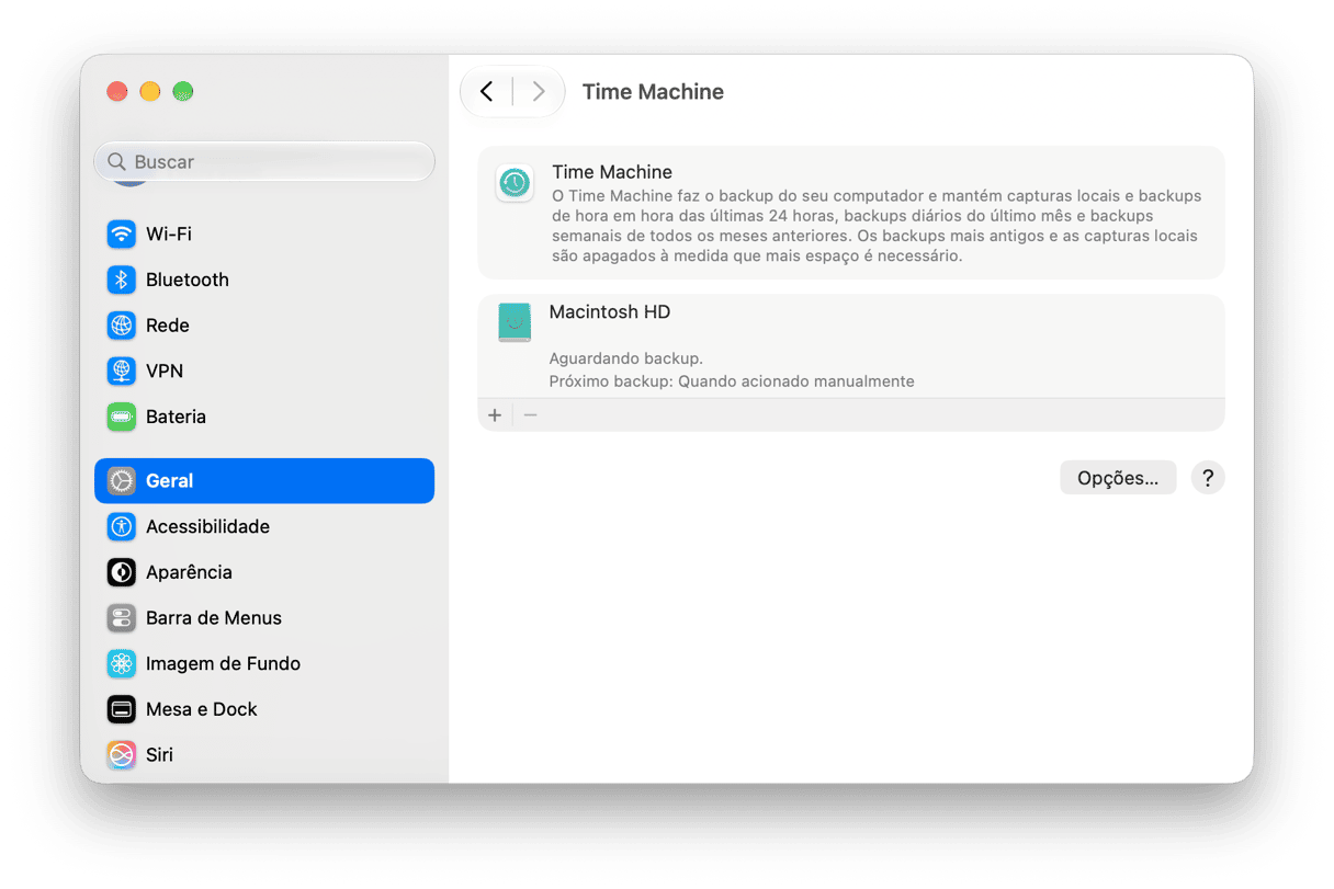 sistema Prefer&ecirc;ncias - Configura&ccedil;&otilde;es do Time Machine do macOS com status da unidade de backup e configura&ccedil;&atilde;o de backup agendado