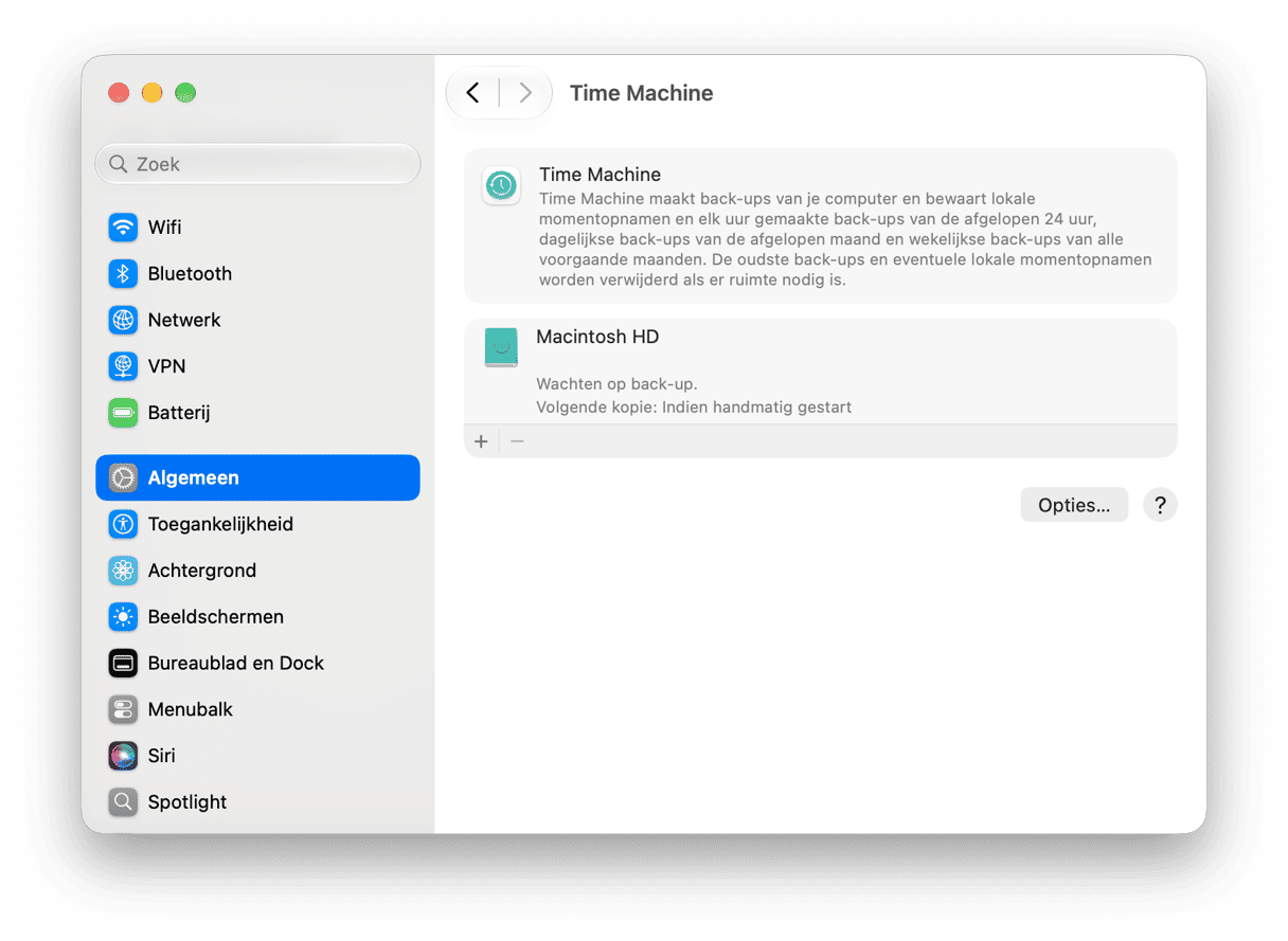 systeem Voorkeuren - macOS Time Machine-instellingen met back-upschijfstatus en geplande back-upconfiguratie