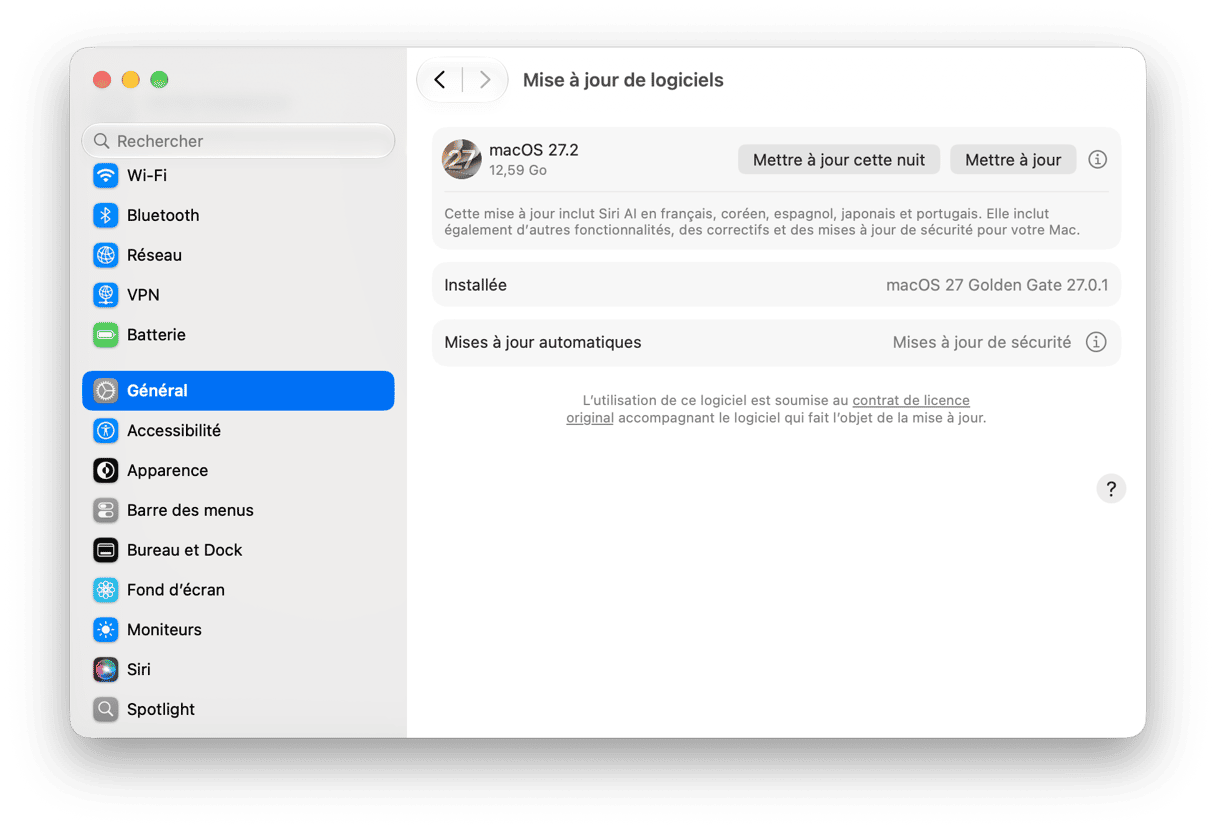 Reglages du systeme - Param&egrave;tres de mise &agrave; jour logicielle macOS