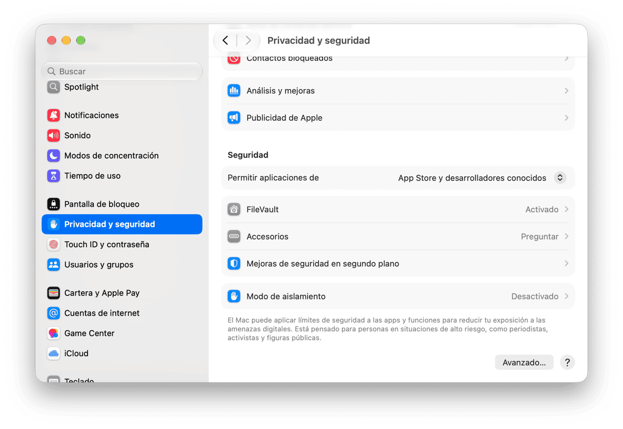 sistema preferencias - Configuraci&oacute;n de privacidad y seguridad de macOS con FileVault, modo de bloqueo y controles de permisos de apps