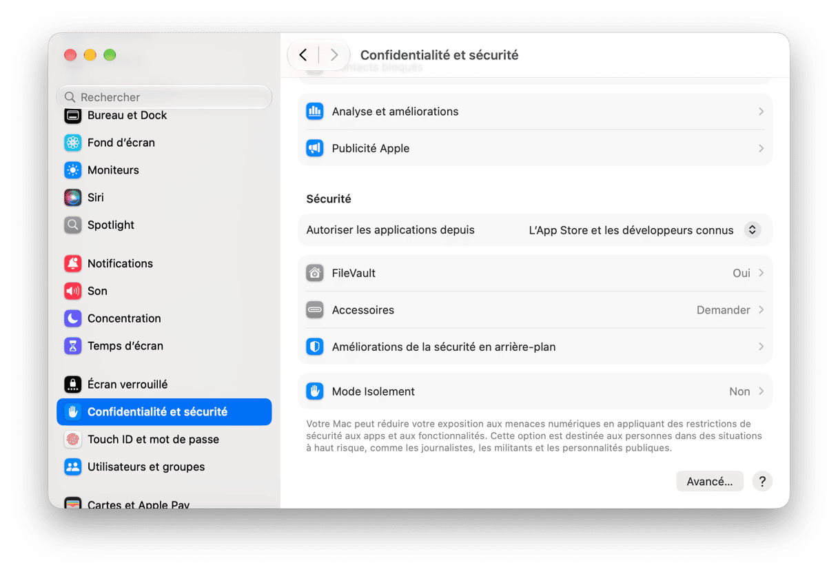 Reglages du systeme - Param&egrave;tres de confidentialit&eacute; et s&eacute;curit&eacute; macOS avec FileVault, mode Isolement et contr&ocirc;les des autorisations d'applications