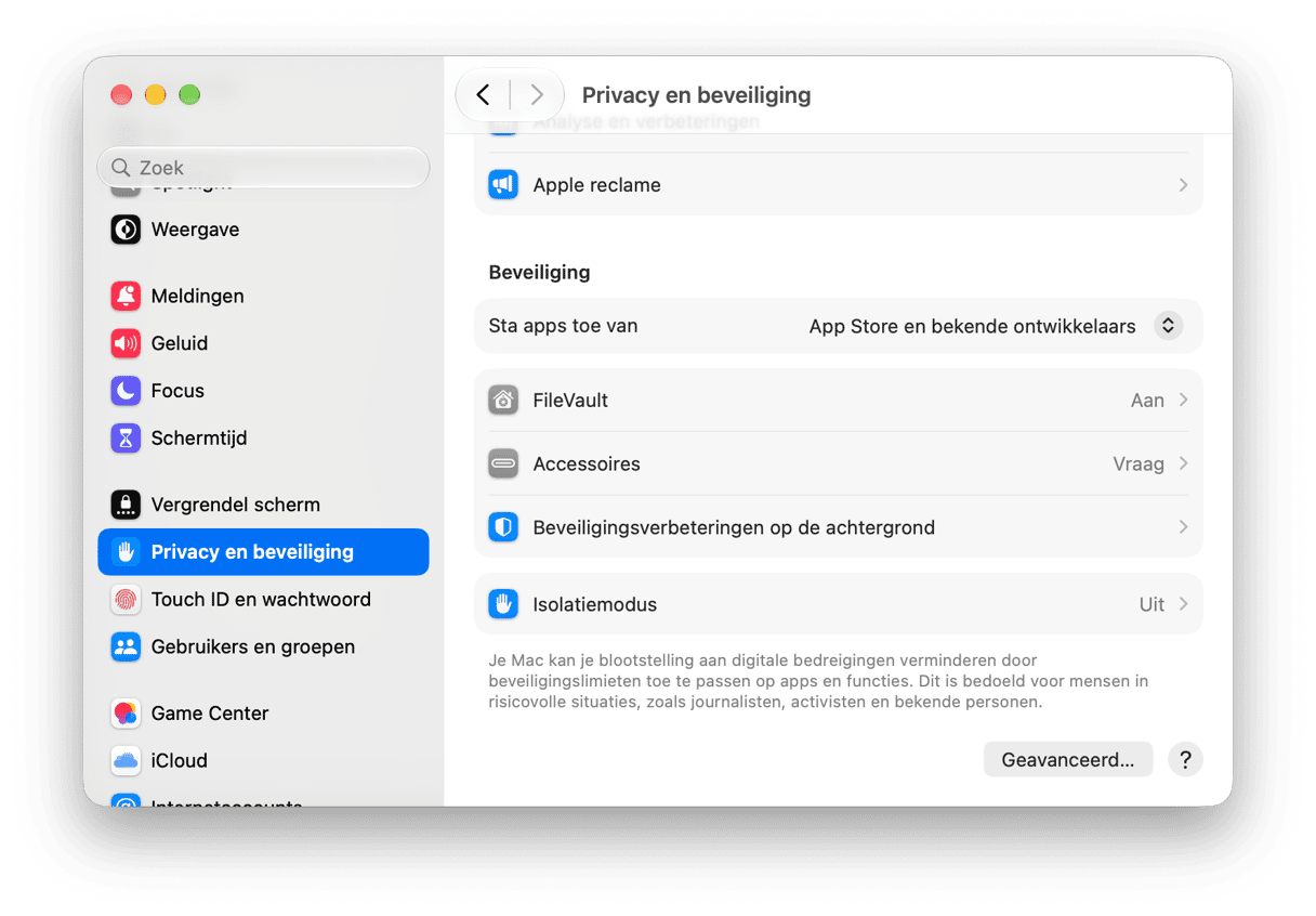 systeem Voorkeuren - macOS privacy en beveiligingsinstellingen met FileVault, vergrendelingsmodus en app-machtigingsbeheer