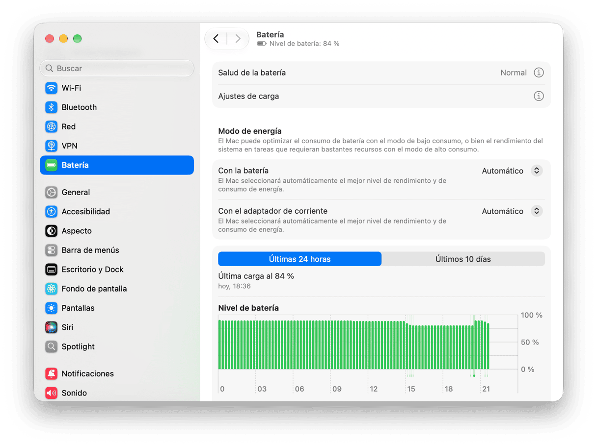 Configuraci&oacute;n de bater&iacute;a de macOS con gr&aacute;fico de nivel de bater&iacute;a