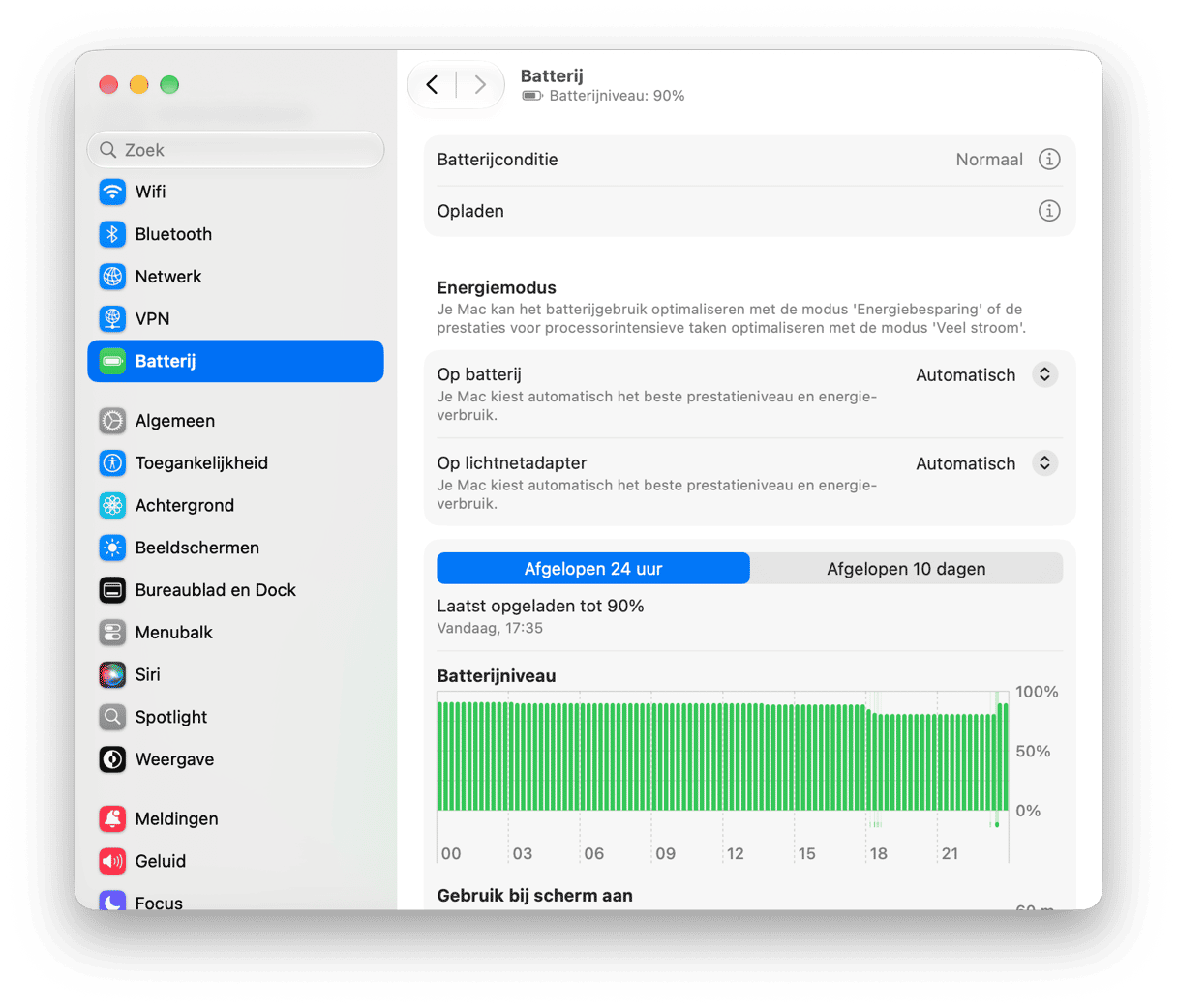macOS batterij-instellingen met batterijniveaudiagram