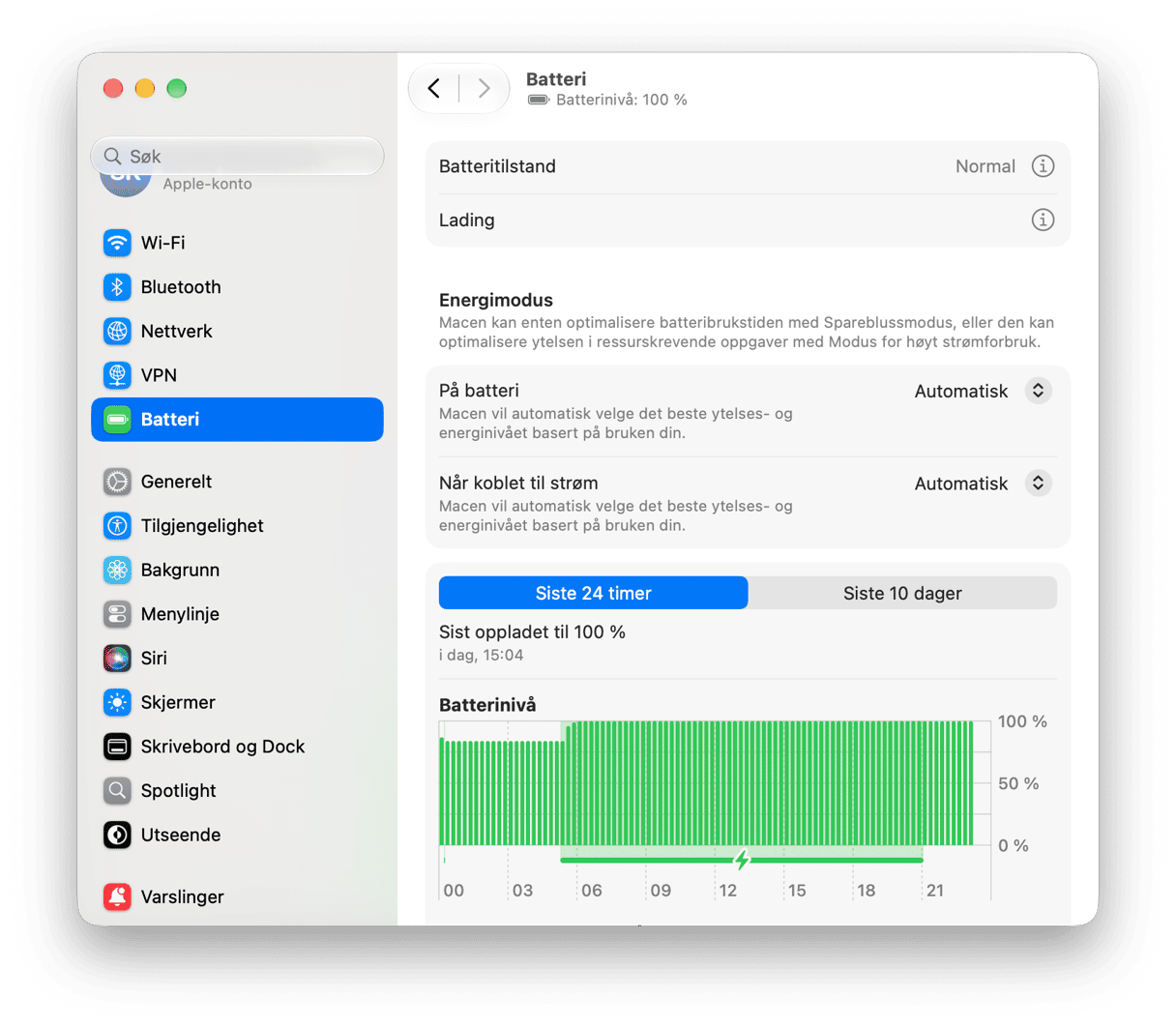 macOS batteriinnstillinger som viser batteriniv&aring;diagram