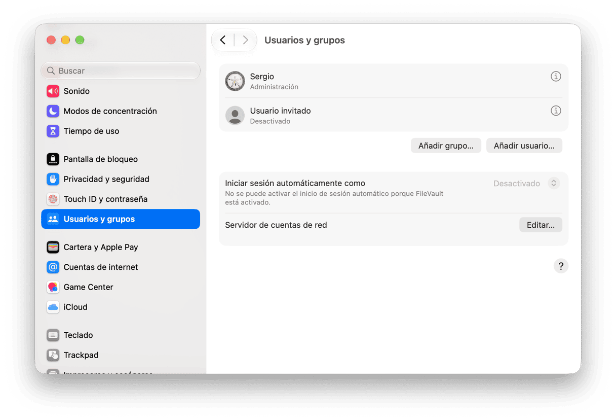 sistema preferencias - Configuraci&oacute;n de usuarios y grupos de macOS con cuentas de usuario administrador e invitado y opciones de inicio de sesi&oacute;n
